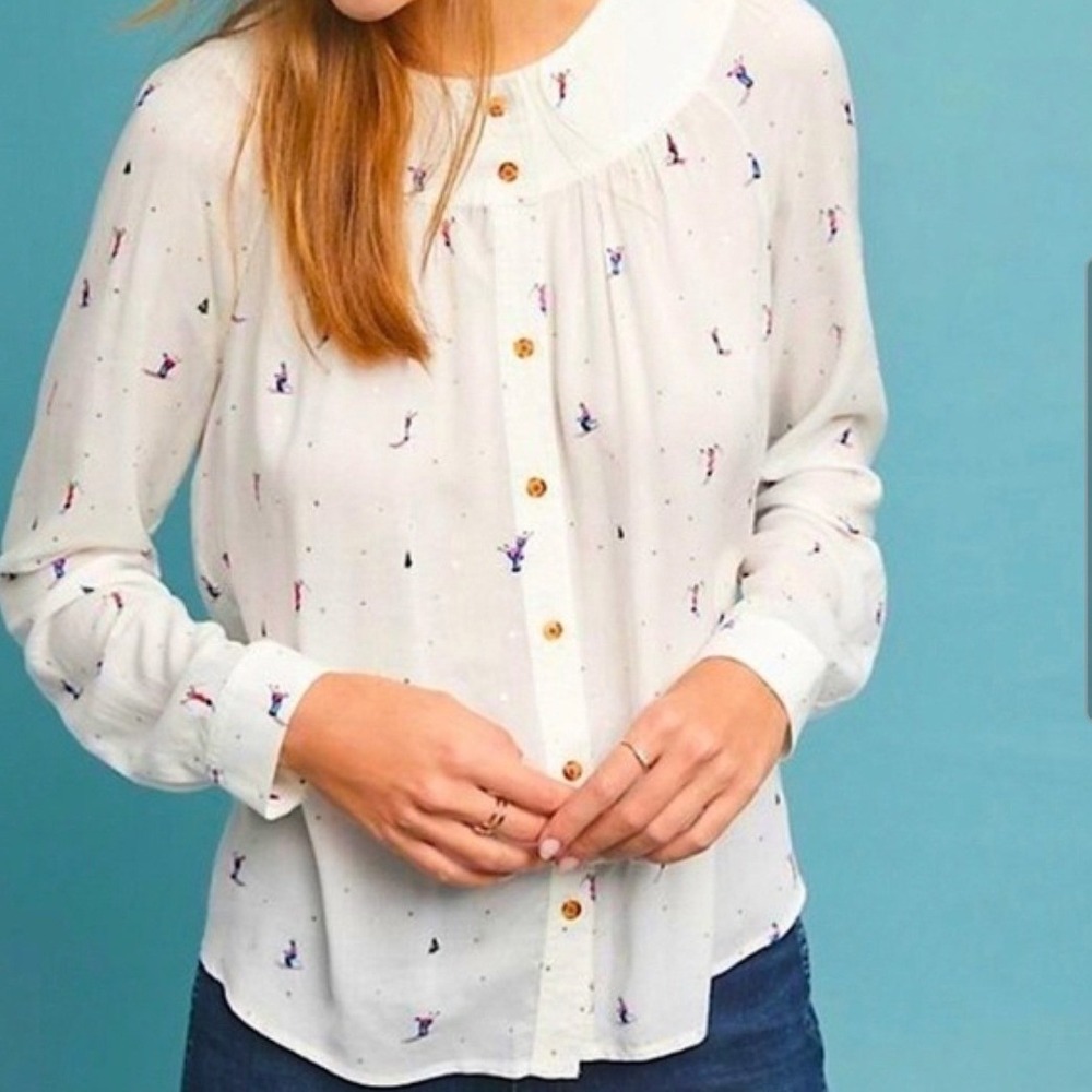 Conversation anthropologie ski print blouse button up size 12 large